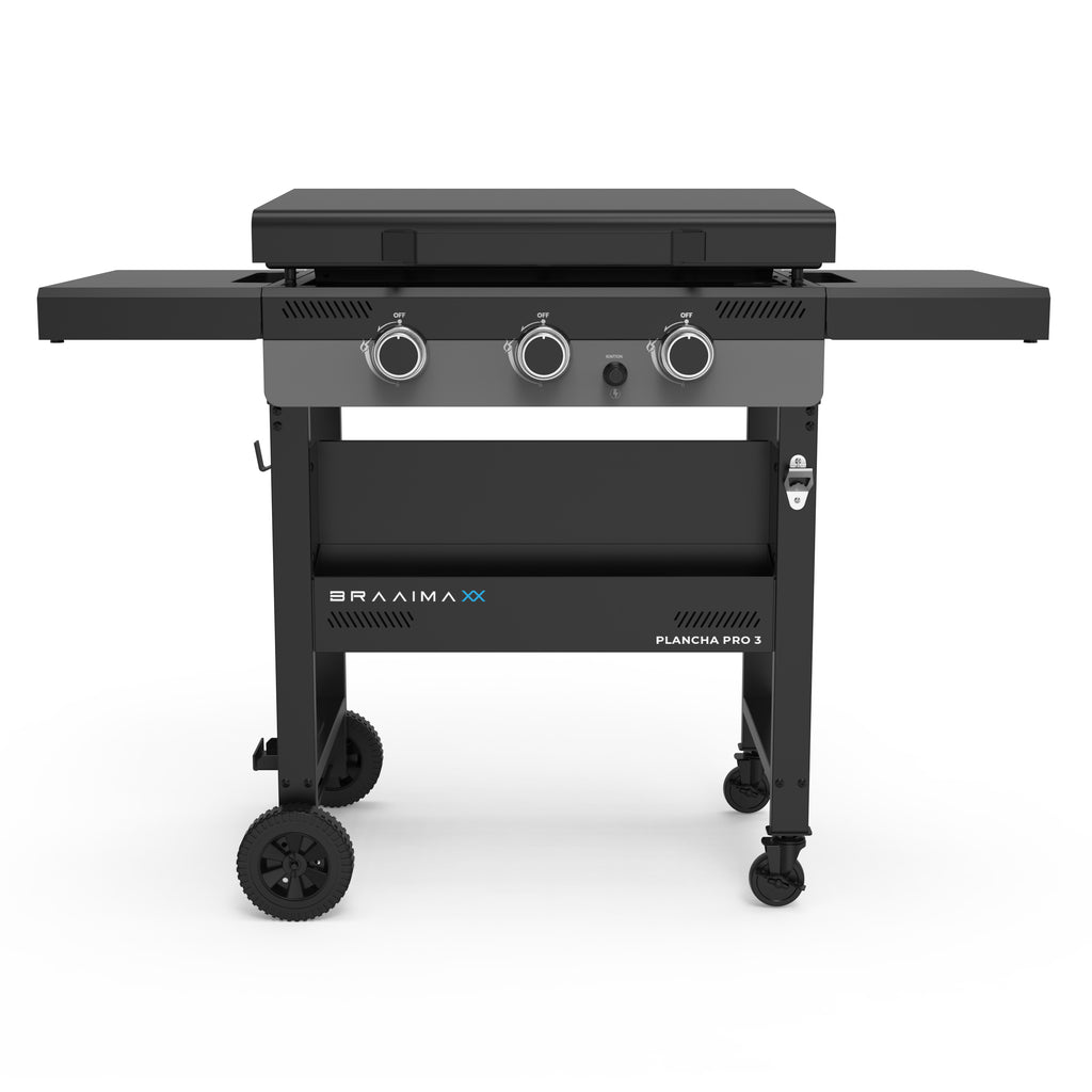 Cadac Braaimaxx Plancha Pro 3 gas braai with stainless steel surface, LPGSA approved, ideal for outdoor grilling and cooking.