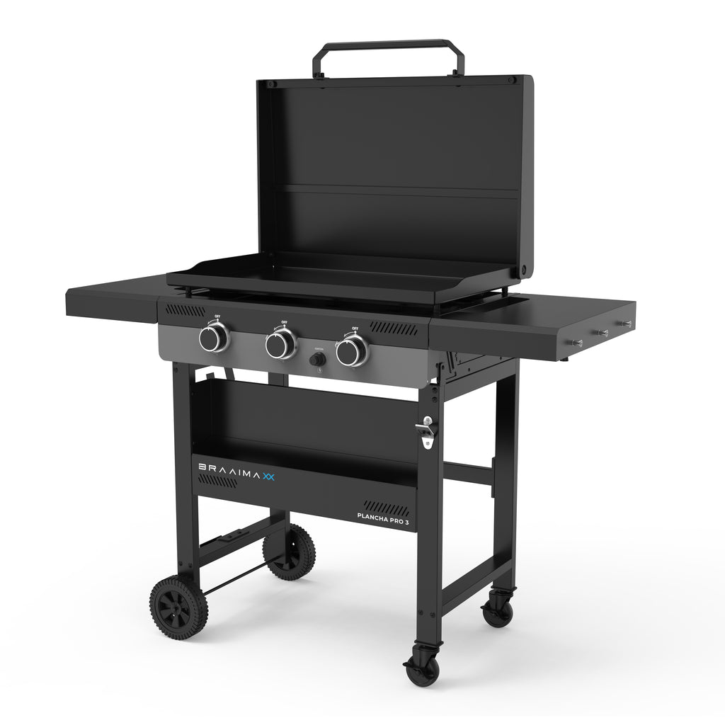Cadac Braaimaxx Plancha Pro 3 gas braai with stainless steel cooking surface and control knobs, LPGSA approved for outdoor grilling