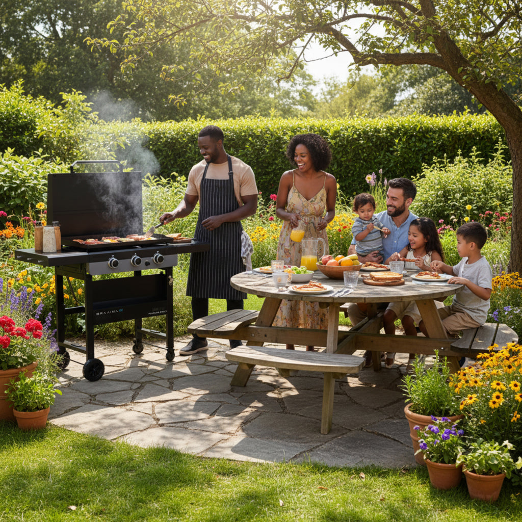 Cadac Braaimaxx Plancha Pro 3 gas braai with stainless steel surface and control knobs, LPGSA approved for outdoor grilling.