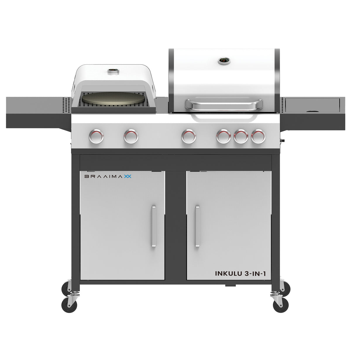 Cadac Braaimaxx Inkulu 3-in-1 gas braai with stainless steel surface and multiple grilling features, approved LPGSA for outdoor cooking.