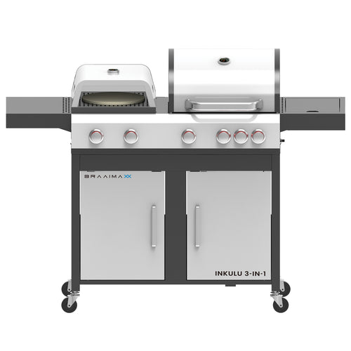 Cadac Braaimaxx Inkulu 3-in-1 gas braai with stainless steel surface and multiple grilling features, approved LPGSA for outdoor cooking.