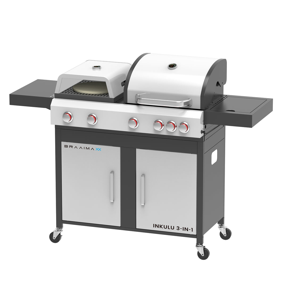 Cadac Braaimaxx Inkulu 3-in-1 gas braai with multiple cooking surfaces, LPGSA approved, designed for outdoor grilling and cooking.