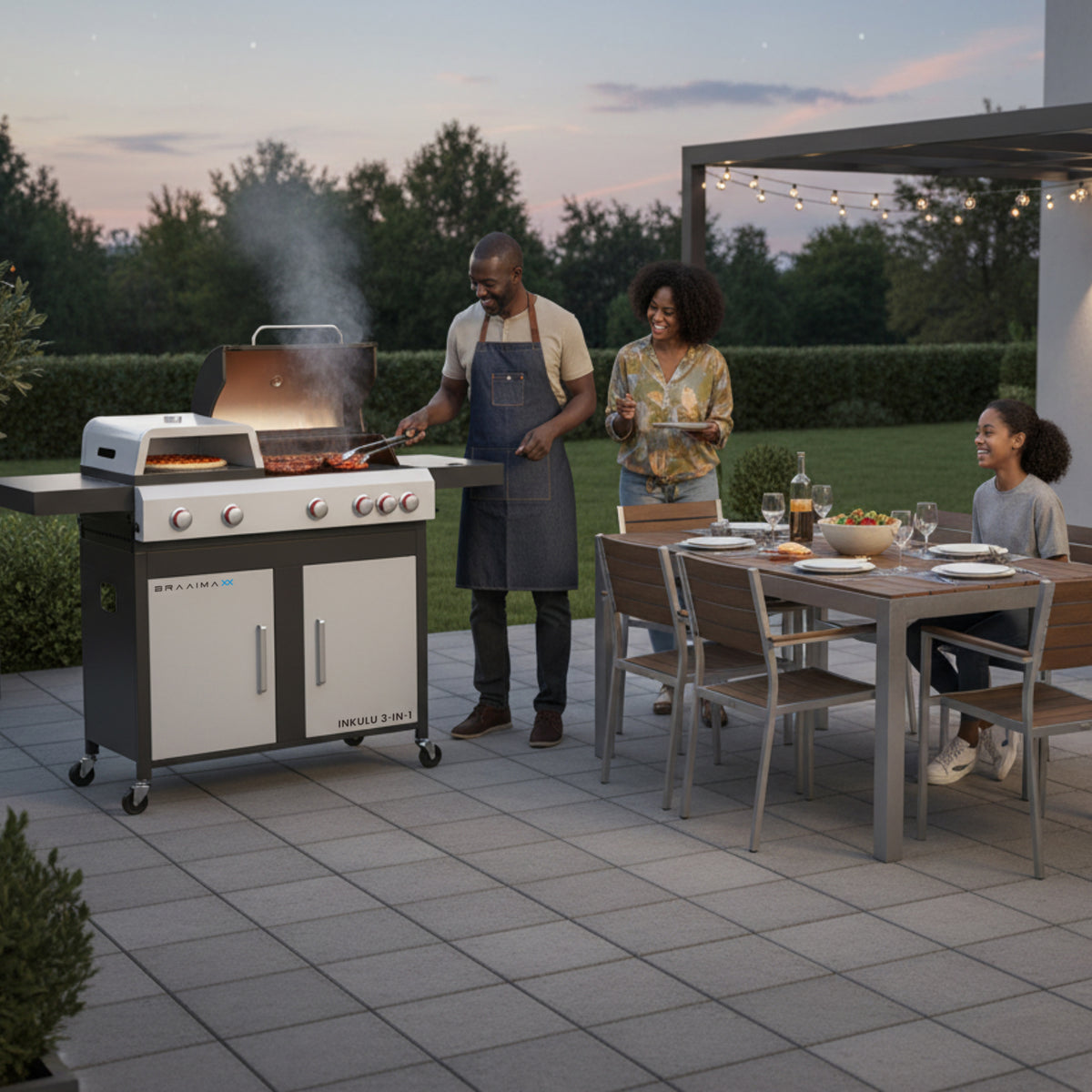 Cadac Braaimaxx Inkulu 3-in-1 gas braai with stainless steel surface and side burner, approved LPGSA for outdoor grilling.