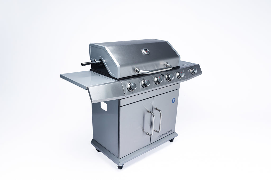 My Store 5 Burner Commander Gas Braai with LPGSA approval, featuring multiple burners and stainless steel construction.