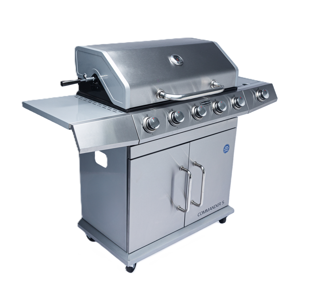 My Store 5 Burner Commander Gas Braai with LPGSA approval, featuring multiple burners and stainless steel construction.