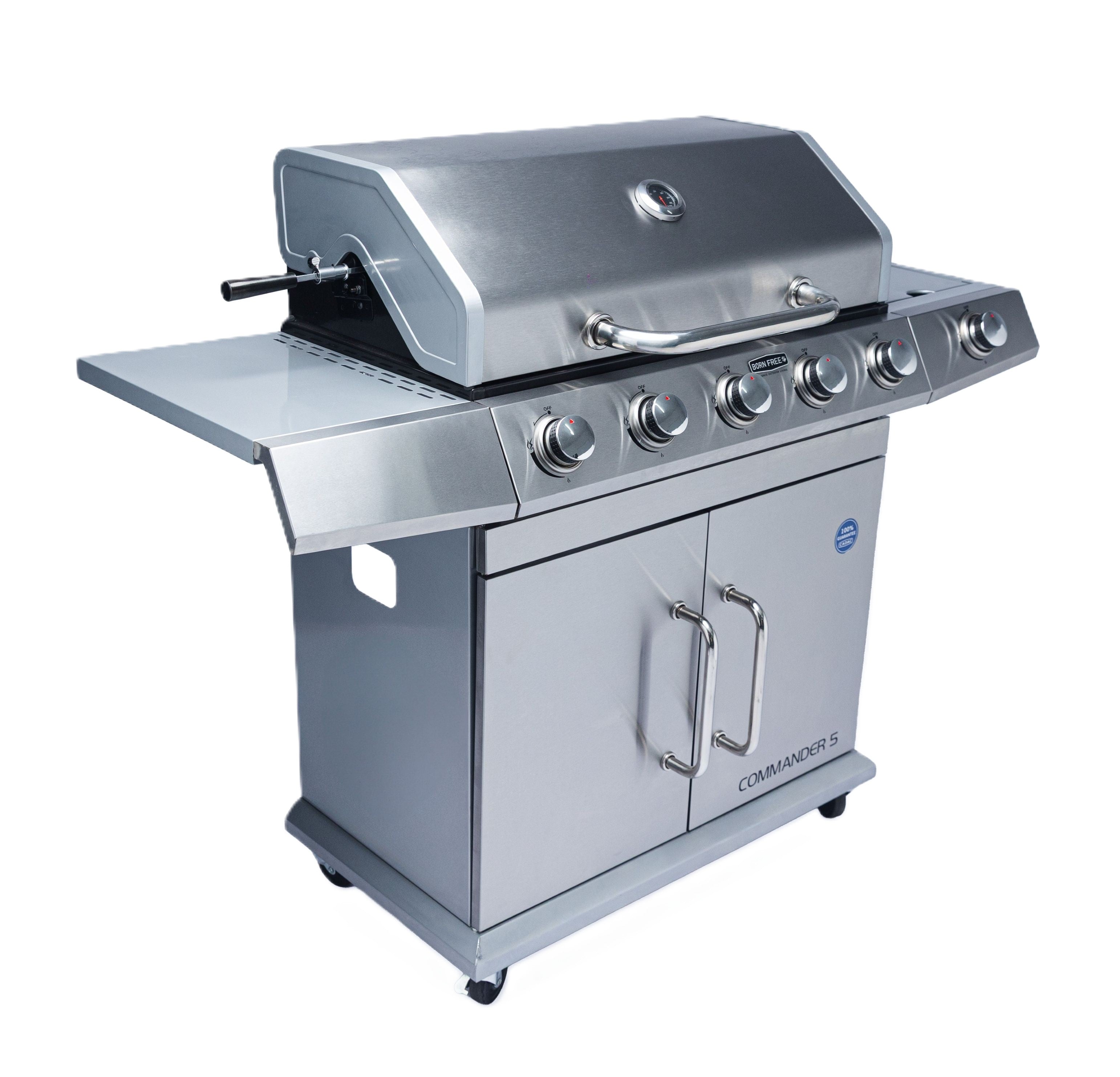 My Store 5 Burner Commander Gas Braai with stainless steel surface and LPG approval, ideal for outdoor grilling and barbecues.