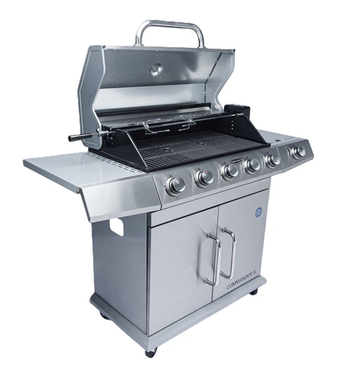 My Store 5 Burner Commander Gas Braai with stainless steel surface, multiple burners, and LPGSA approval for outdoor grilling.