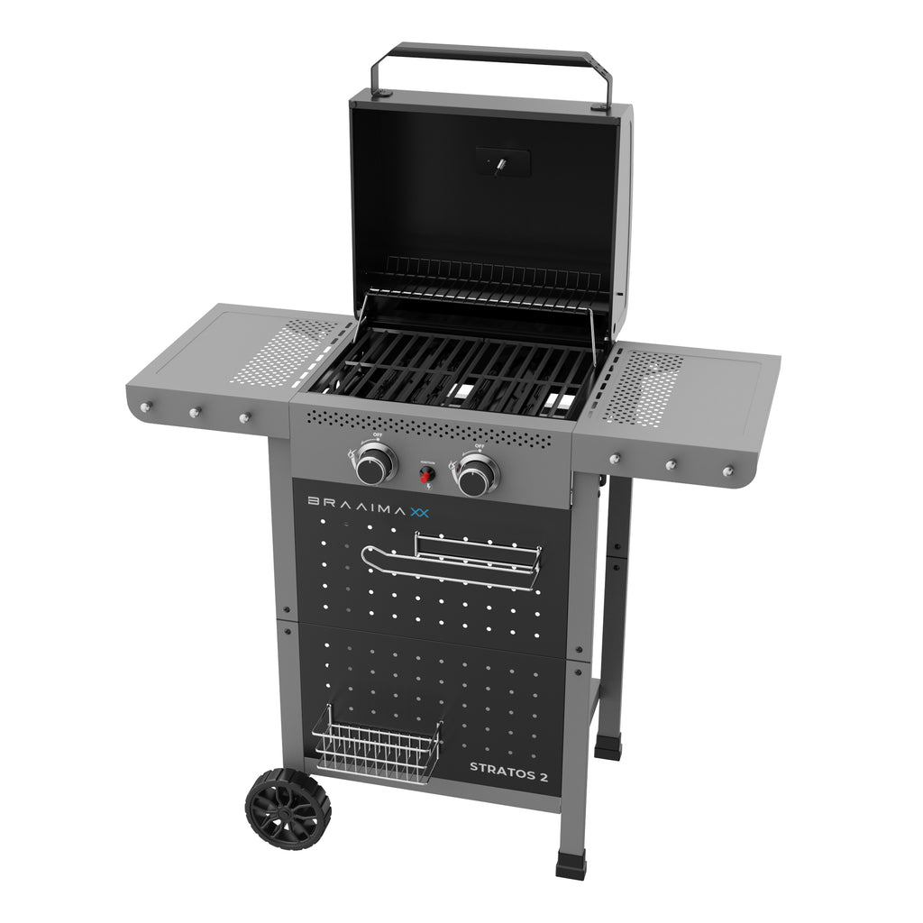 Cadac Braaimaxx Stratos 2 gas braai with four burners and stainless steel lid, designed for outdoor grilling and cooking.