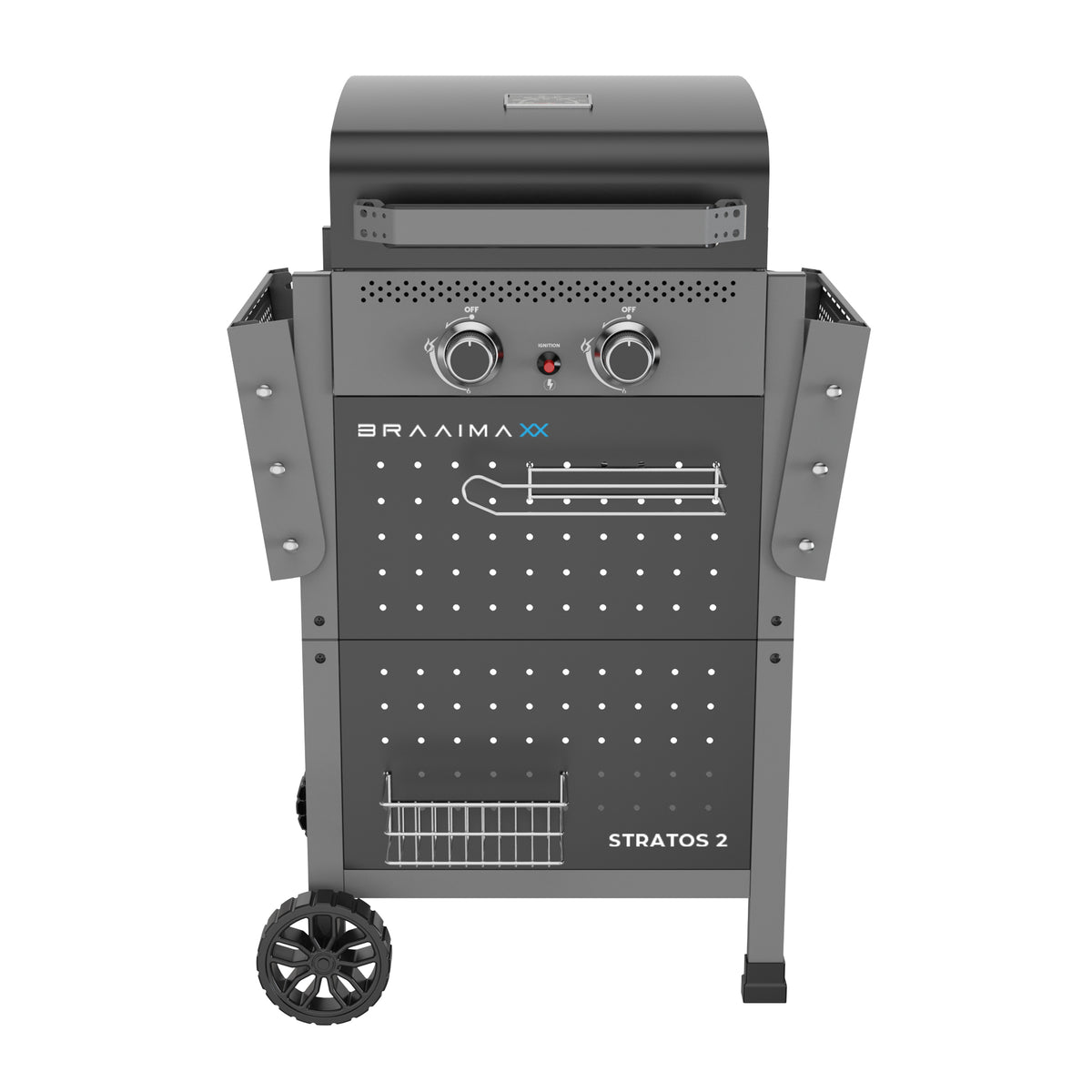 Cadac Braaimaxx Stratos 2 gas braai with cooking surface and control knobs, LPGSA approved for outdoor grilling.