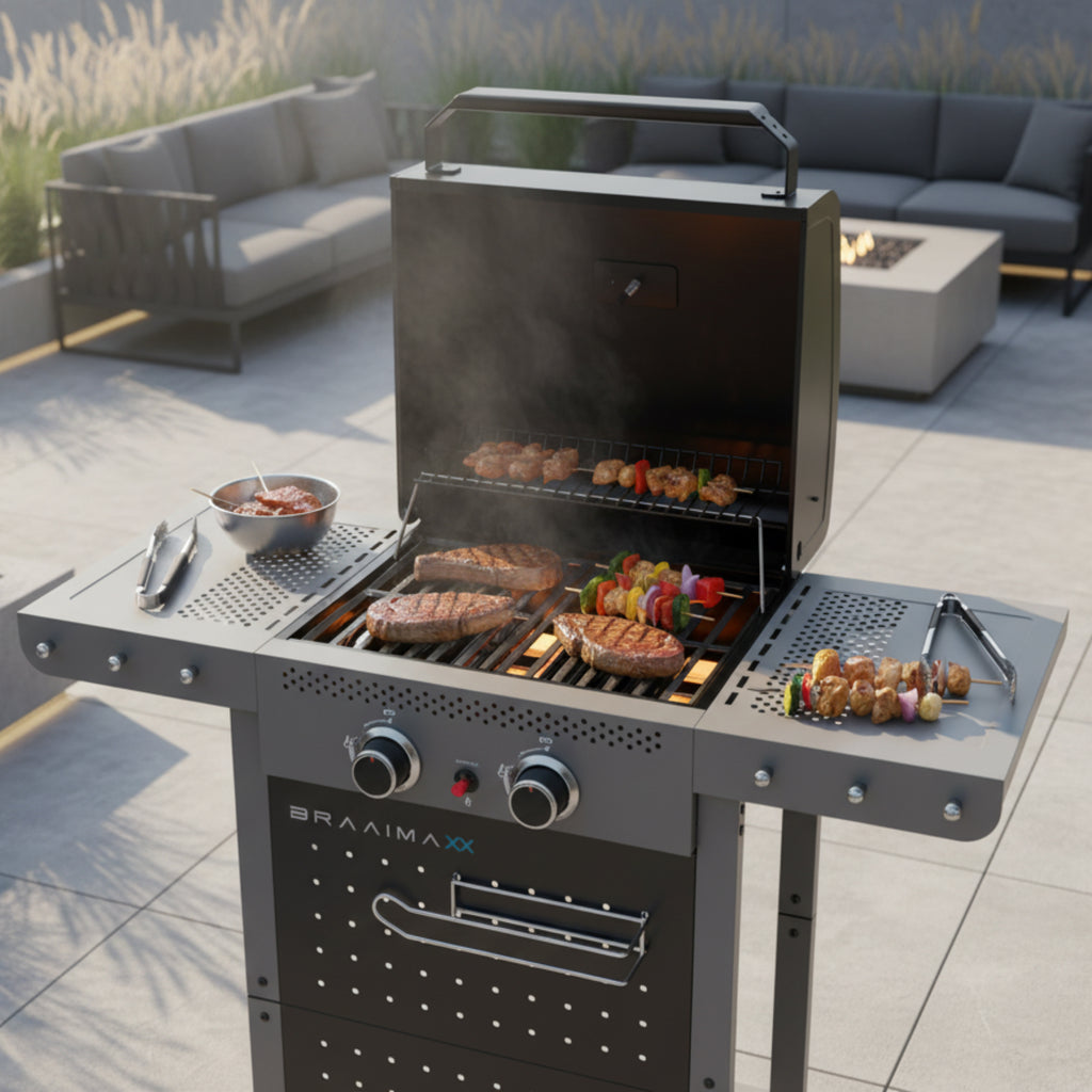 Cadac Braaimaxx Stratos 2 gas braai with stainless steel build and lid, LPGSA approved, ideal for outdoor grilling.
