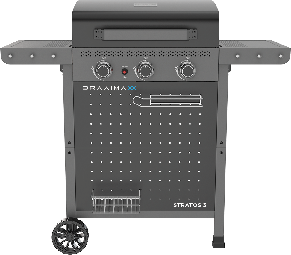 Cadac Braaimaxx Stratos 3 gas braai with sturdy metal grill and control knobs, ideal for outdoor grilling and barbecues.