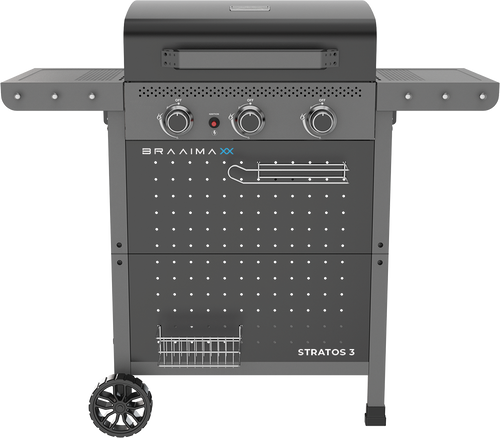 Cadac Braaimaxx Stratos 3 gas braai with sturdy metal grill and control knobs, ideal for outdoor grilling and barbecues.
