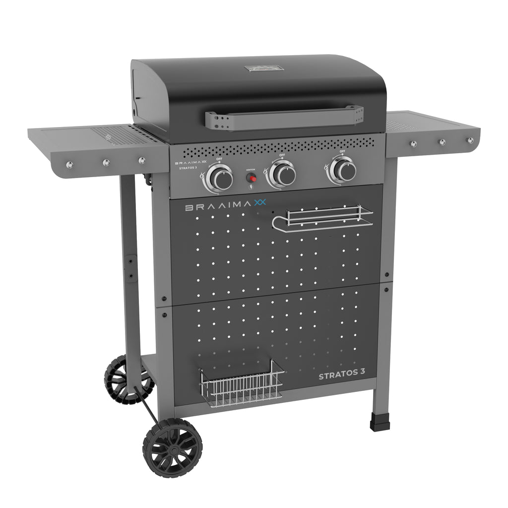 Cadac Braaimaxx Stratos 3 gas braai with multiple burners and sturdy design, suitable for outdoor grilling and cooking.