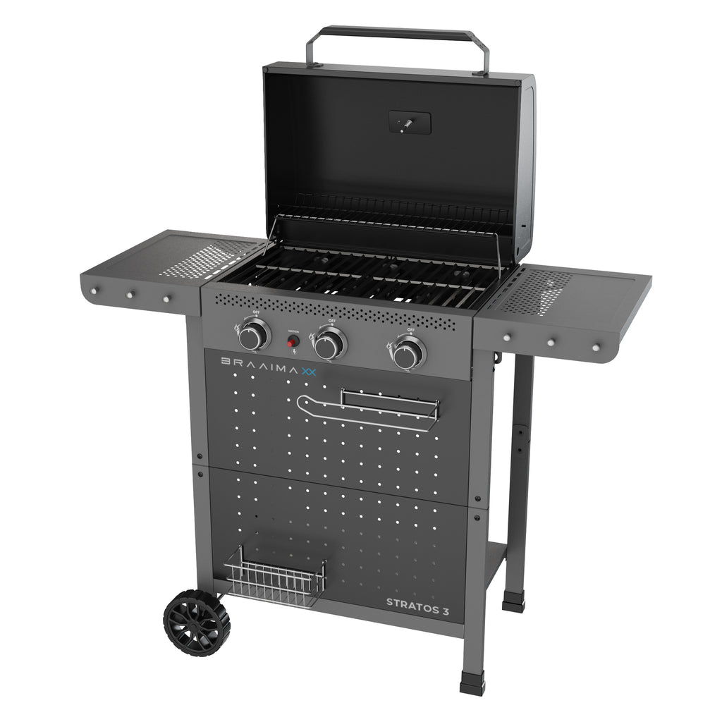Cadac Braaimaxx Stratos 3 gas braai with stainless steel grill and control knobs, LPGSA approved for outdoor grilling.