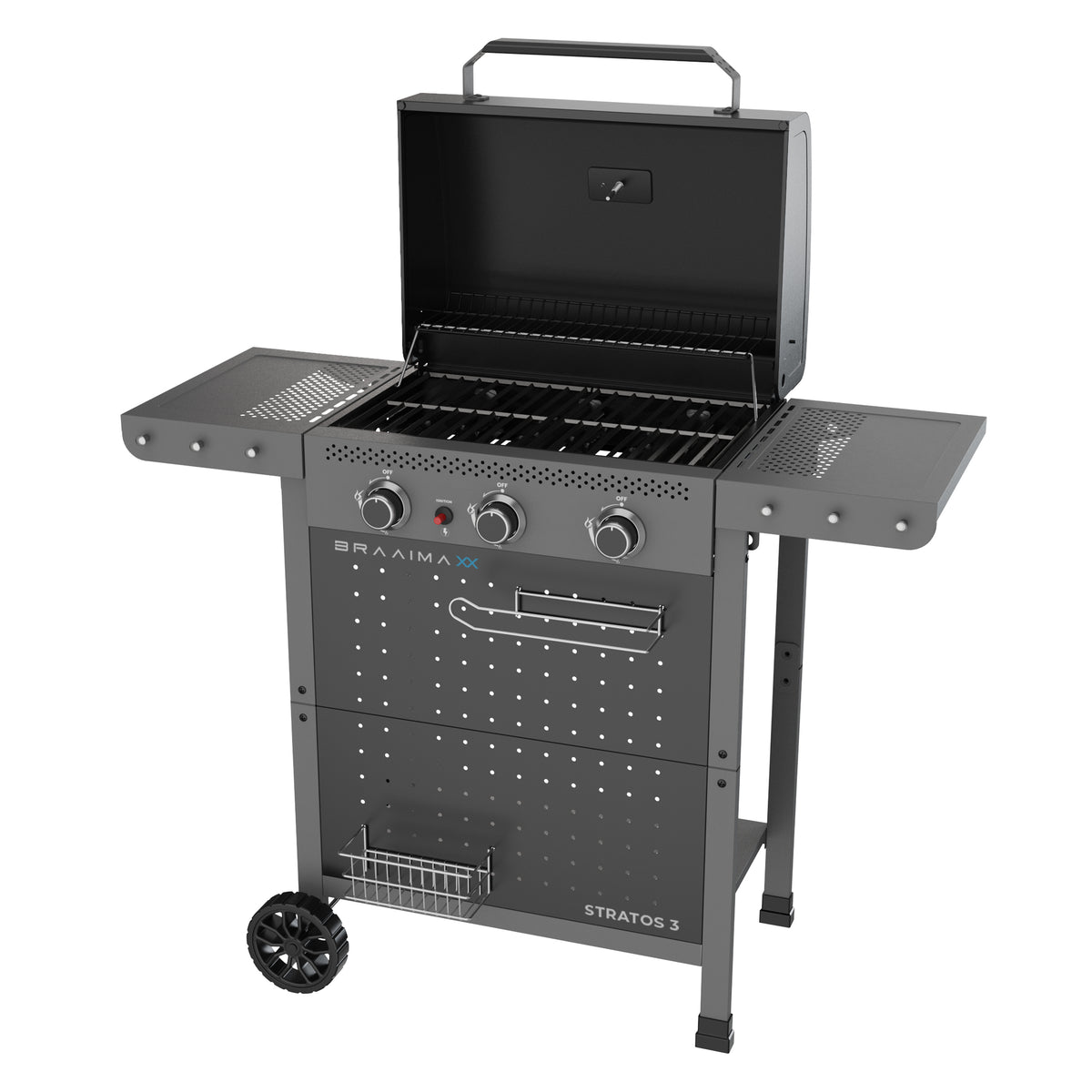 Cadac Braaimaxx Stratos 3 gas braai with stainless steel grill and control knobs, LPGSA approved for outdoor grilling.