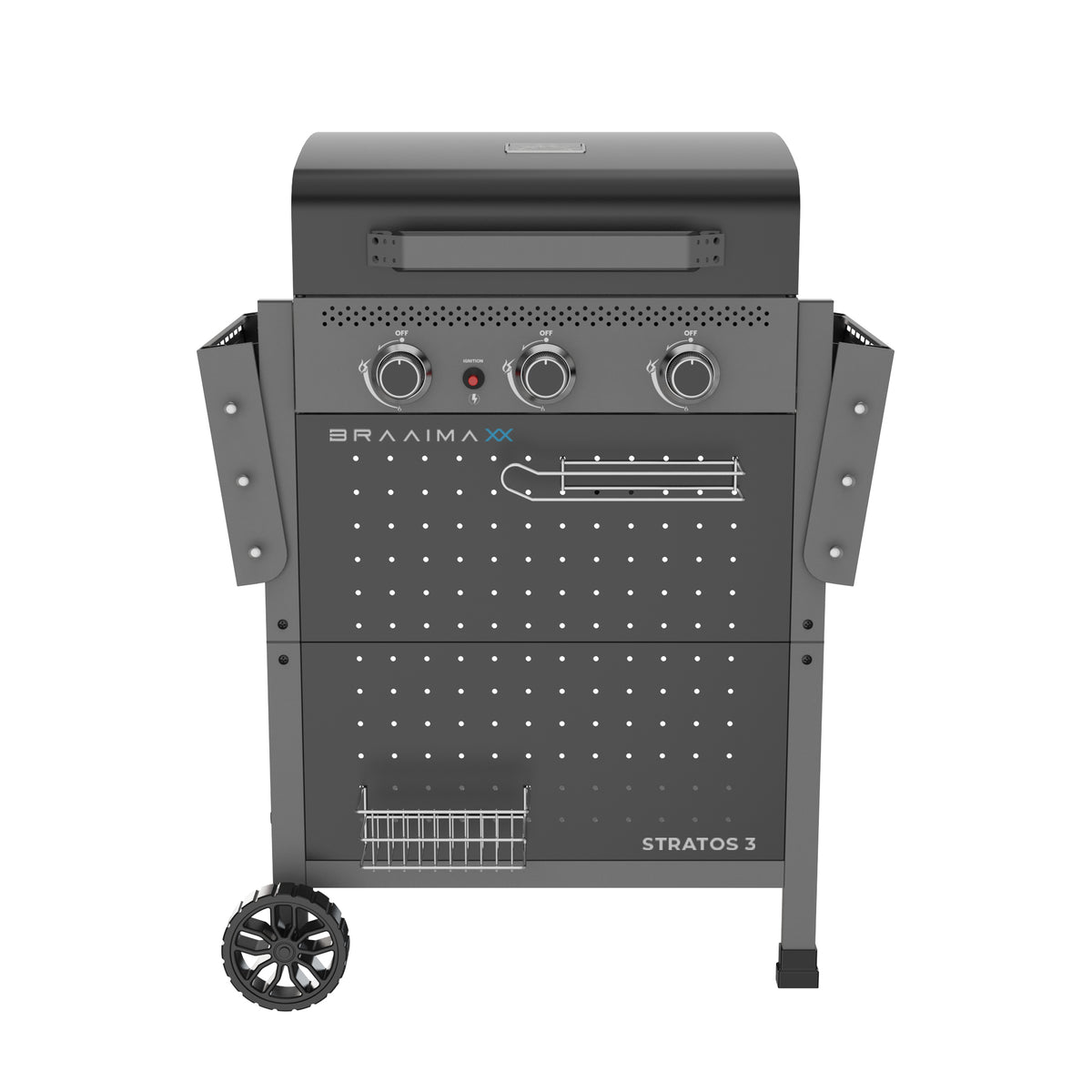 Cadac Braaimaxx Stratos 3 gas braai with sturdy black frame and cooking grates, LPGSA approved outdoor grill for barbecuing.