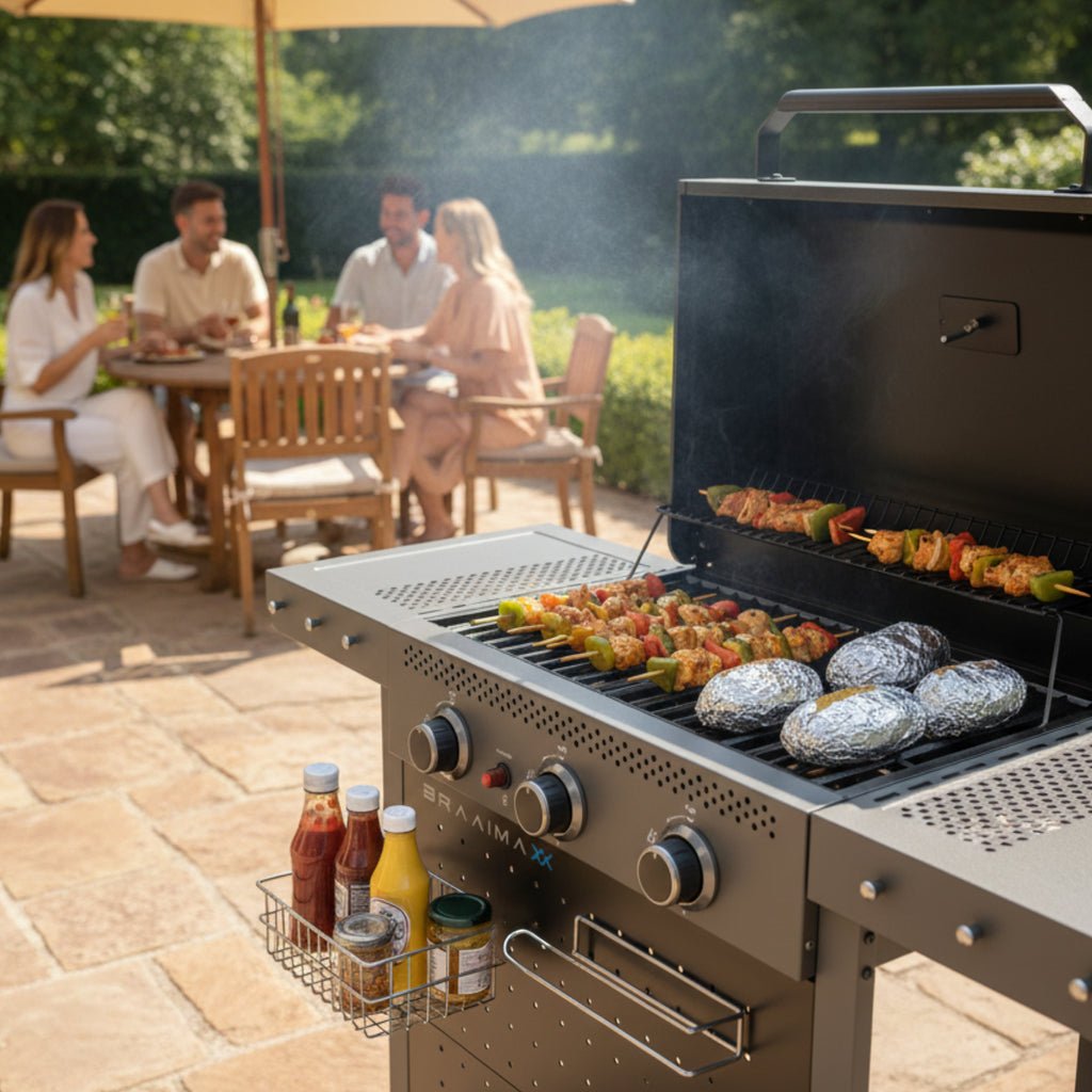 Cadac Braaimaxx Stratos 3 gas braai with stainless steel build, LPGSA approval, and multiple burners for outdoor grilling.