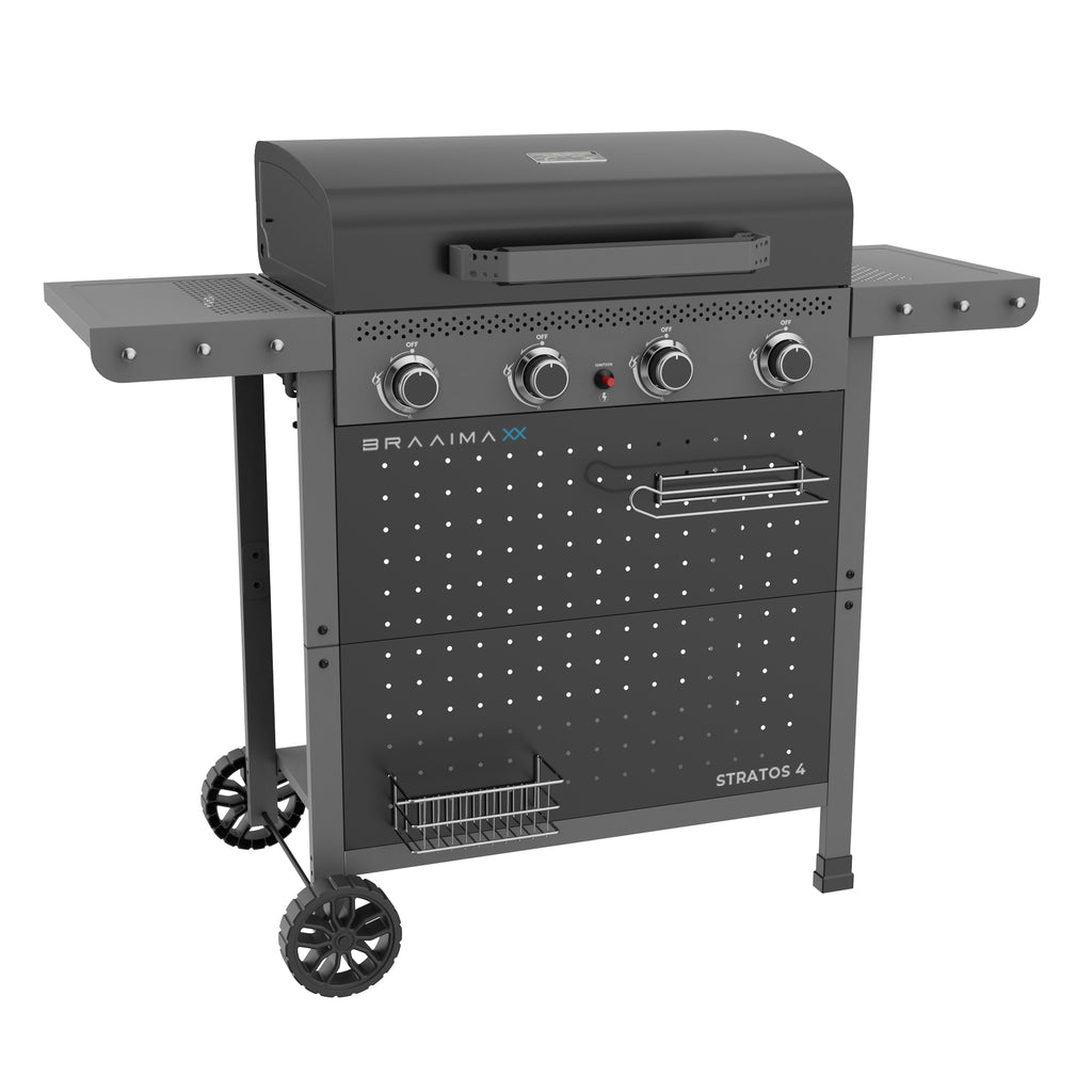 Cadac Braaimaxx Stratos 4 gas braai with stainless steel grill and control knobs, LPGSA approved for outdoor grilling.