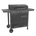 Cadac Braaimaxx Stratos 4 gas braai with stainless steel grill and control knobs, LPGSA approved for outdoor grilling.