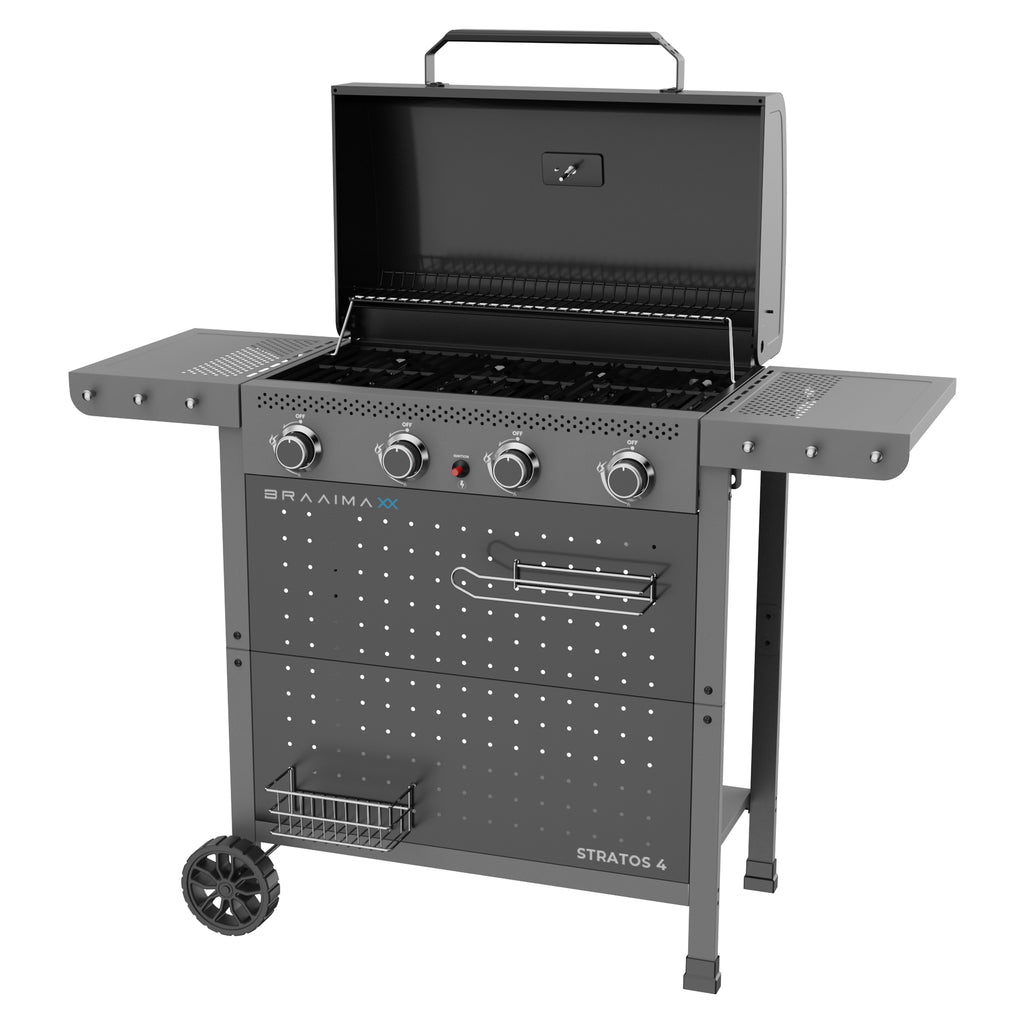 Cadac Braaimaxx Stratos 4 gas braai with stainless steel surface and four burners, LPGSA approved for outdoor cooking.