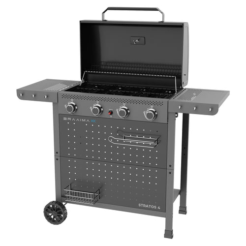 Cadac Braaimaxx Stratos 4 gas braai with stainless steel surface and four burners, LPGSA approved for outdoor cooking.