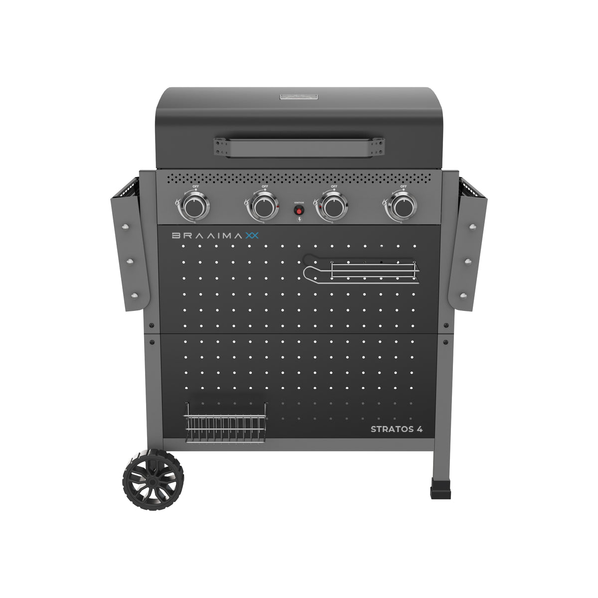 Cadac Braaimaxx Stratos 4 gas braai with four burners and stainless steel finish, LPGSA approved for outdoor grilling.