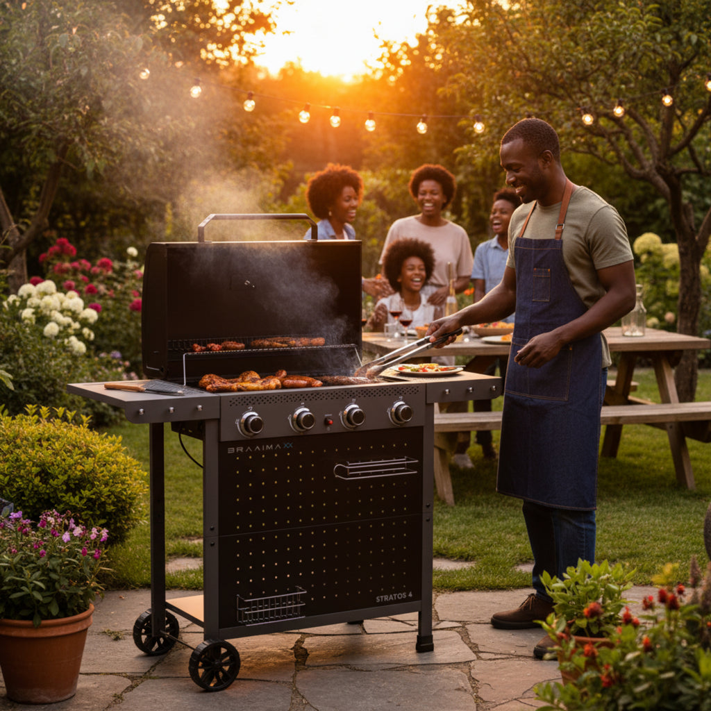 Cadac Braaimaxx Stratos 4 gas braai with four burners, LPGSA approval, featuring a sturdy design and stainless steel finish.