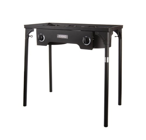 My Store double burner gas cooker with two burners and LPGSA approval, featuring a black metal body and control knobs.