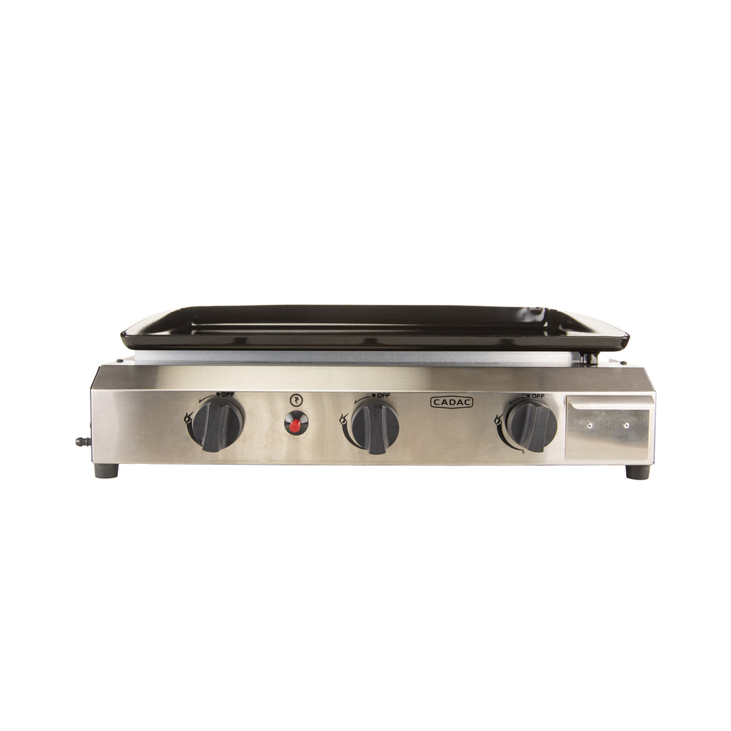 Front view of My Store 3 Burner Plancha Table Top Grill, LPGSA approved, showcasing its compact design and cooking surface.
