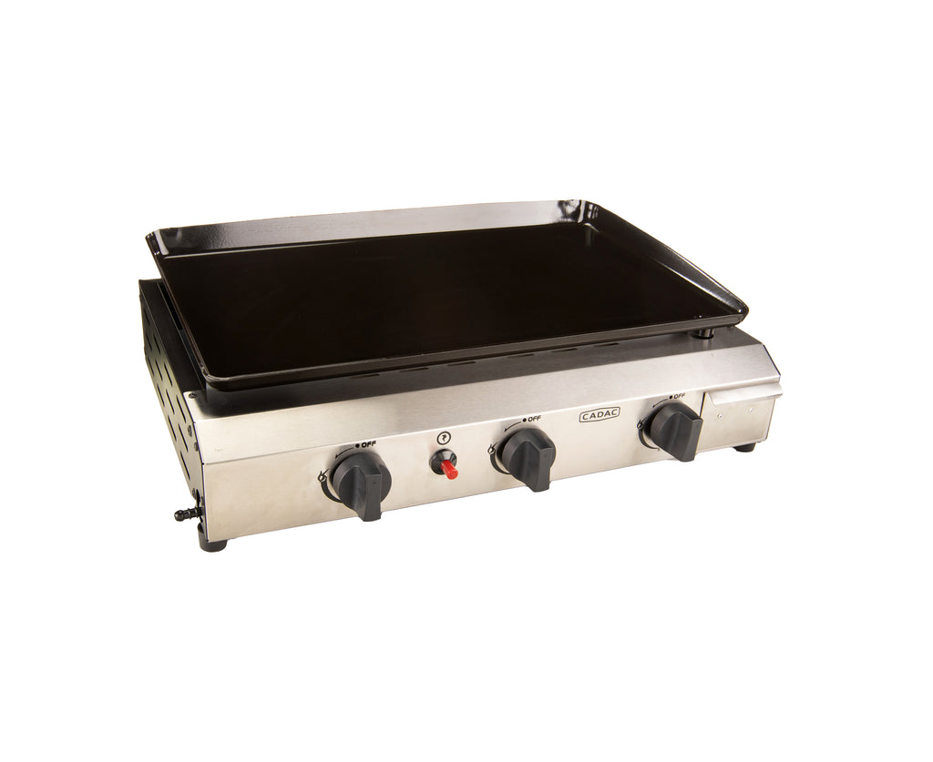 Side view of My Store 3 Burner Plancha Table Top Grill, LPGSA approved, showcasing its compact design and cooking surface.