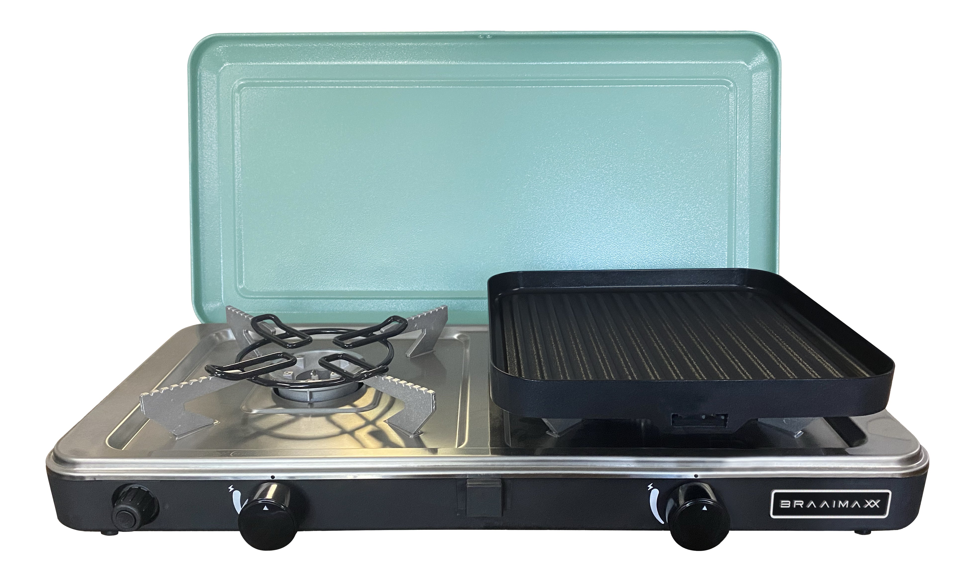 Two-burner LPG gas stove from My Store, LPGSA approved, featuring two cooktops and durable stainless steel construction.