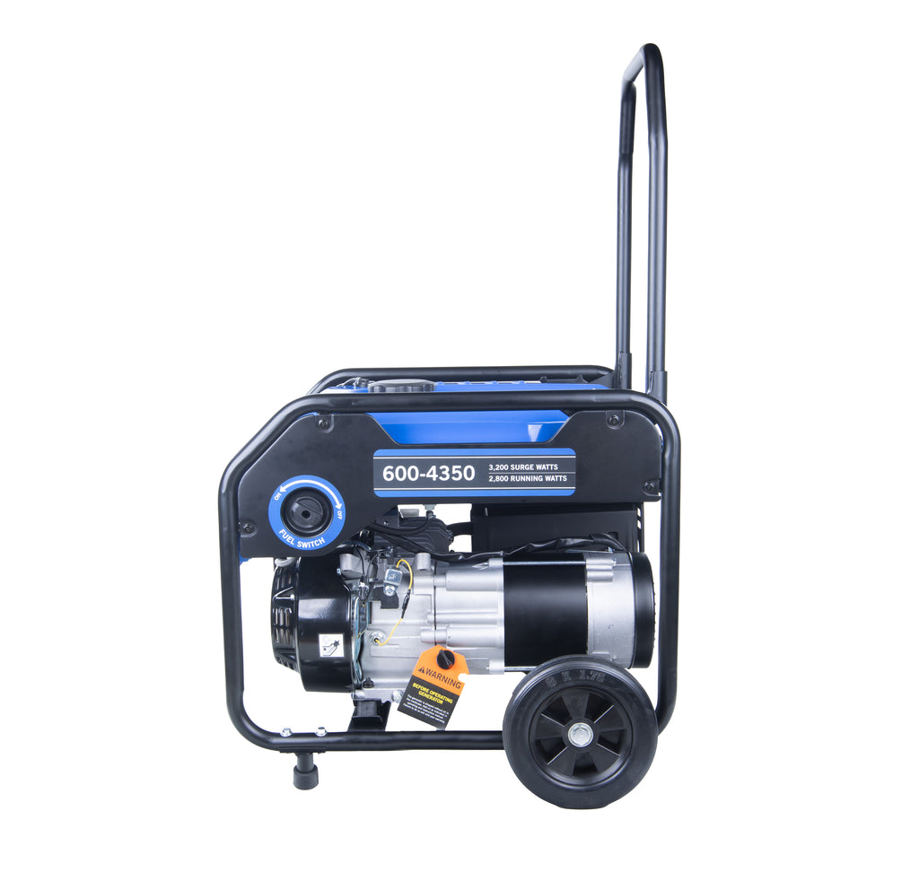 Petrol and LPG dual generator by The Gas Boys, 3200W, side view showing control panel and fuel connections.