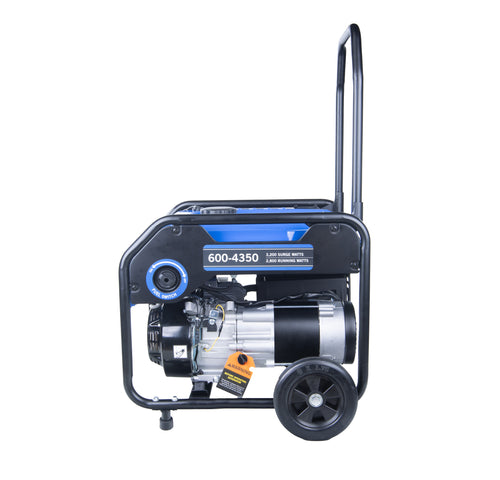 Petrol and LPG dual generator by The Gas Boys, 3200W, side view showing control panel and fuel connections.