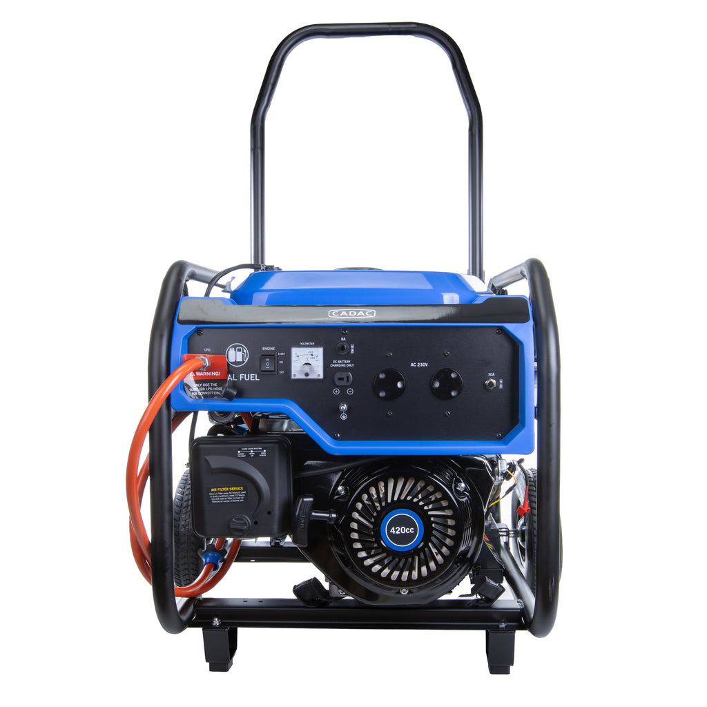 Petrol/LPG dual generator by My Store with 8000W power output, front view showing controls and dual fuel ports.