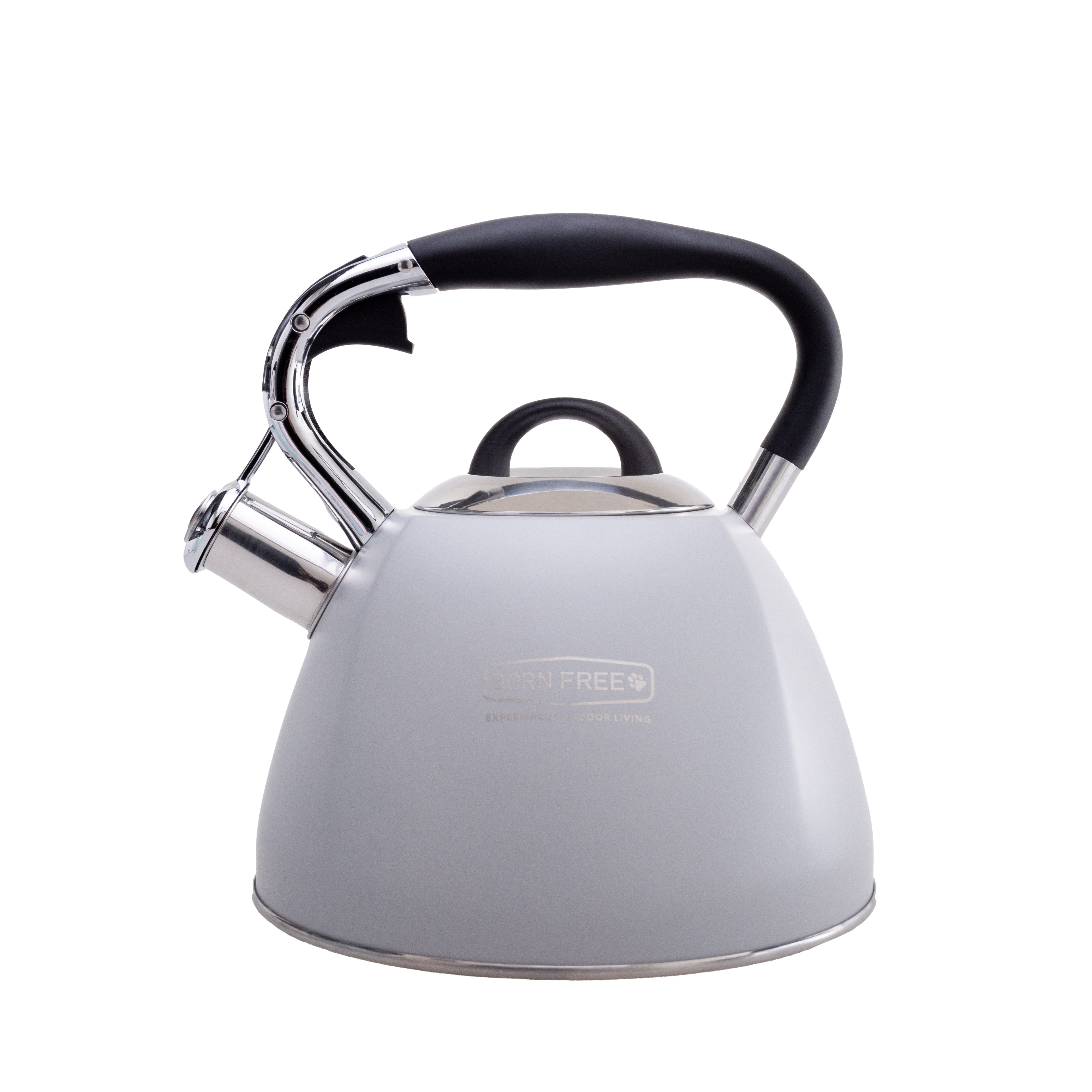 Grey whistling kettle from The Gas Boys featuring a classic design and a sturdy handle for easy pouring.