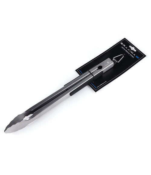 Cadac Braaimaxx premium 4-piece braai tools set including tongs, spatula, fork, and basting brush for grilling.