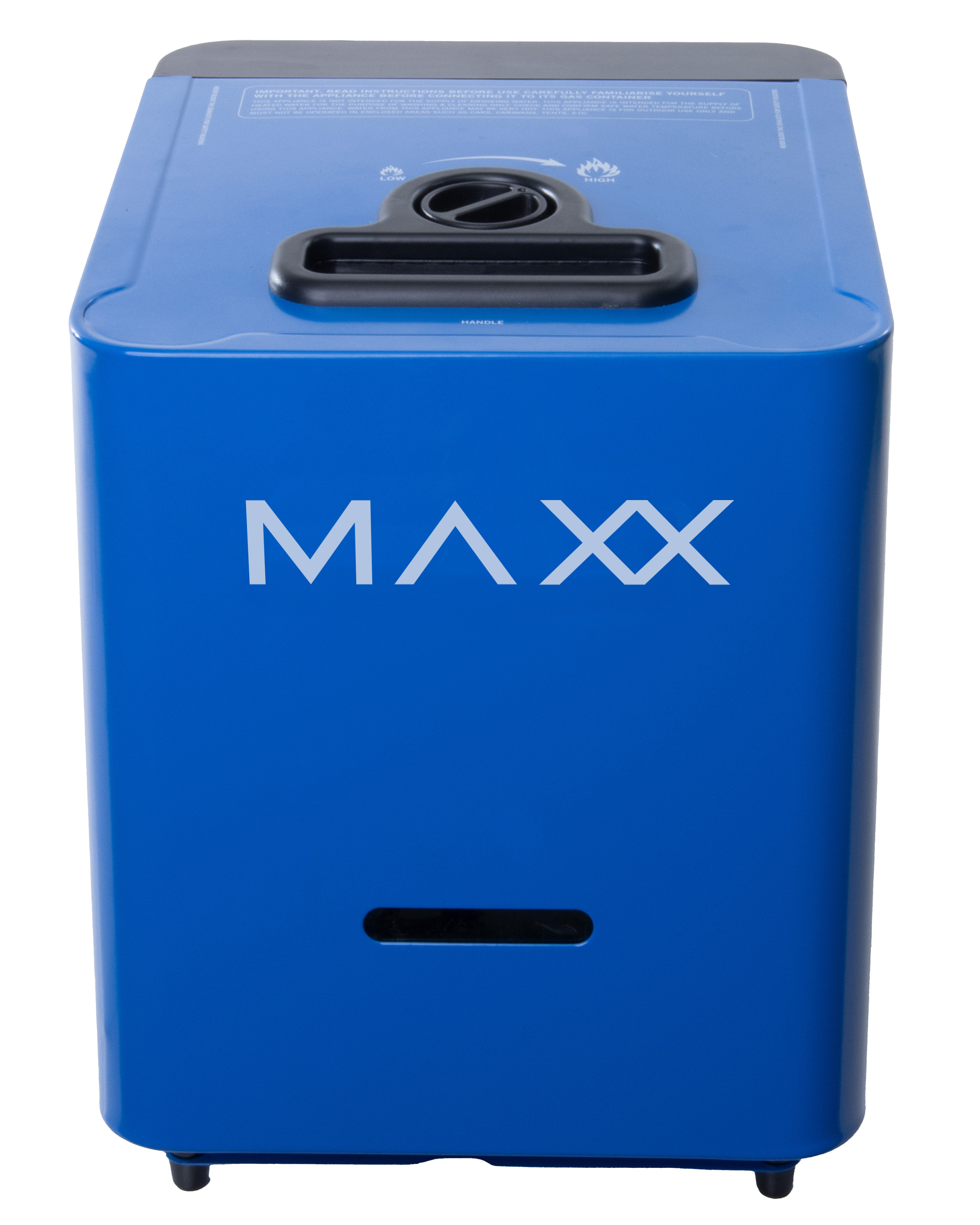 Portable Gas Water Heater by The Gas Boys with front view, LPGSA approved, compact design for on-the-go hot water solutions.
