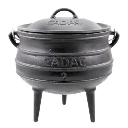 Cast iron Iron Potjie No. 2 from The Gas Boys, sturdy black cast iron cooking pot with lid, ideal for outdoor cooking and stews.