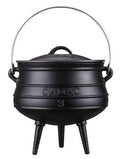 Cast iron Potjie No 3 with three-legged design for outdoor cooking, featuring a sturdy black finish and ergonomic handle.
