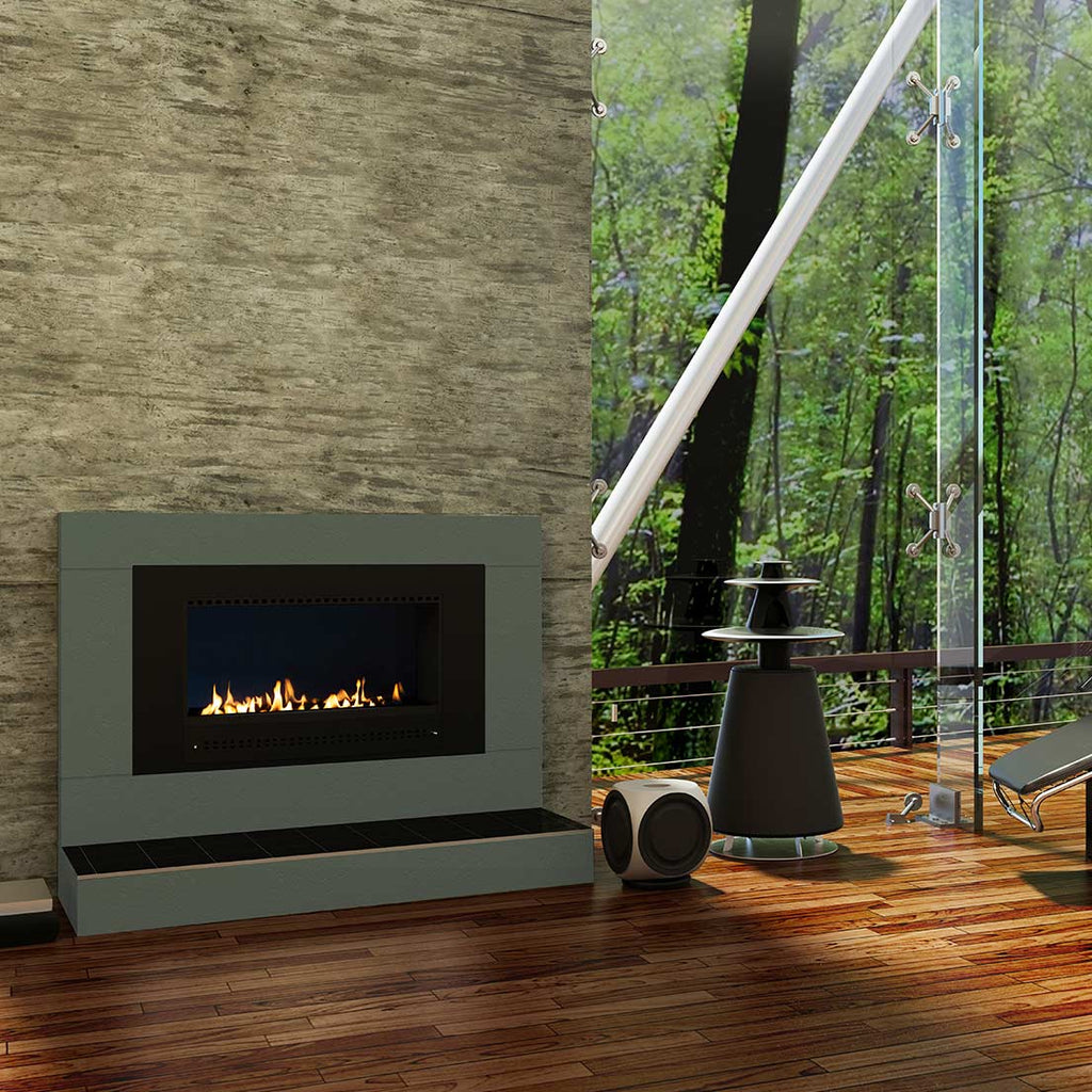 Chad-O-Chef classic fireplace with black frame and midnight mirror back, showcasing a stylish and modern fireplace design.