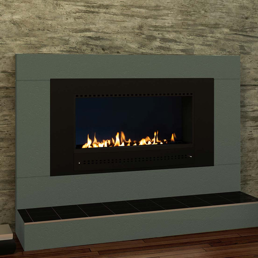 Close-up of a Chad-O-Chef Classic Fireplace with a black frame, featuring a midnight mirror back and modern design elements.