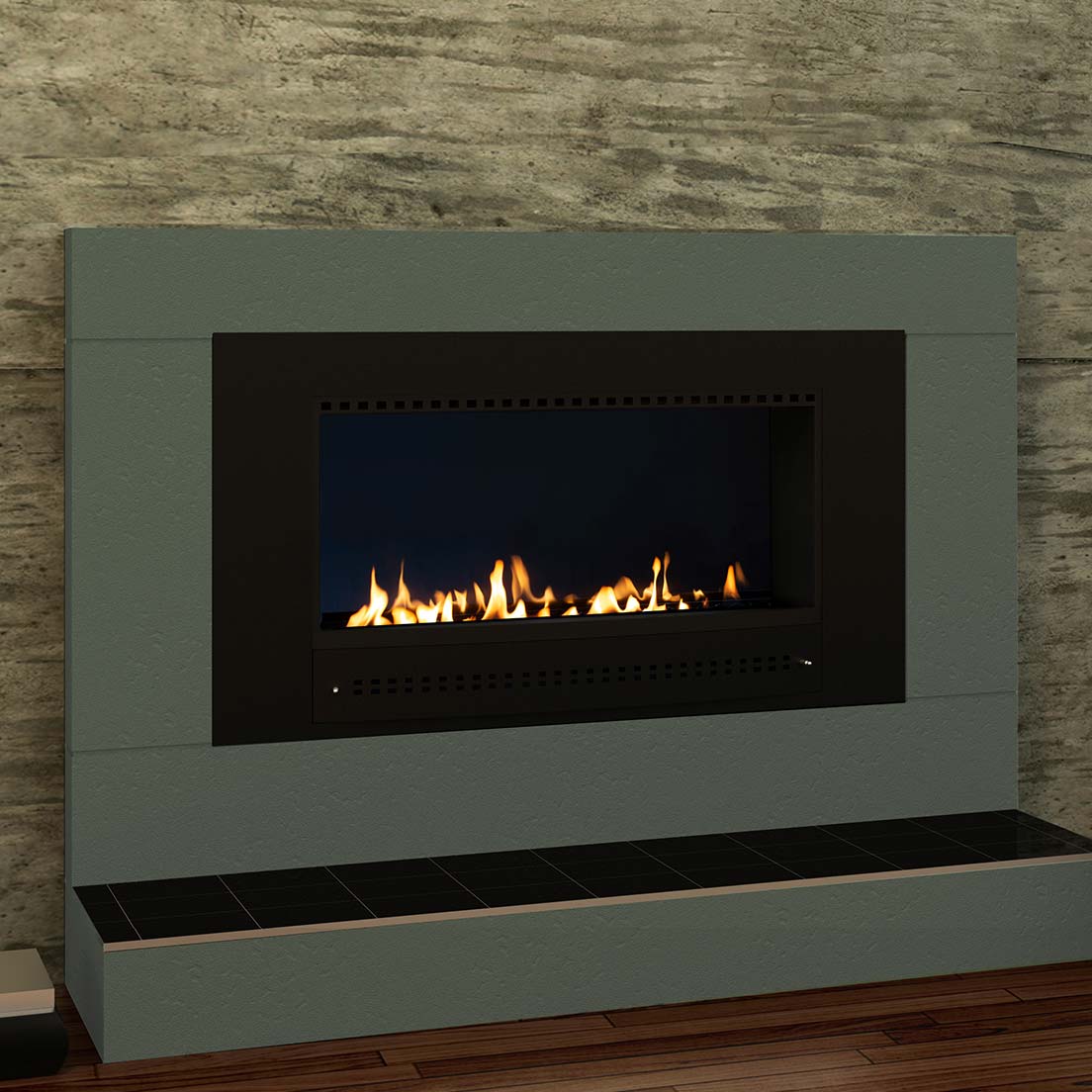 Close-up of a Chad-O-Chef Classic Fireplace with a black frame, featuring a midnight mirror back and modern design elements.