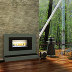 Chad-O-Chef classic fireplace with black frame and stainless steel back, showcasing a modern, stylish fireplace design.
