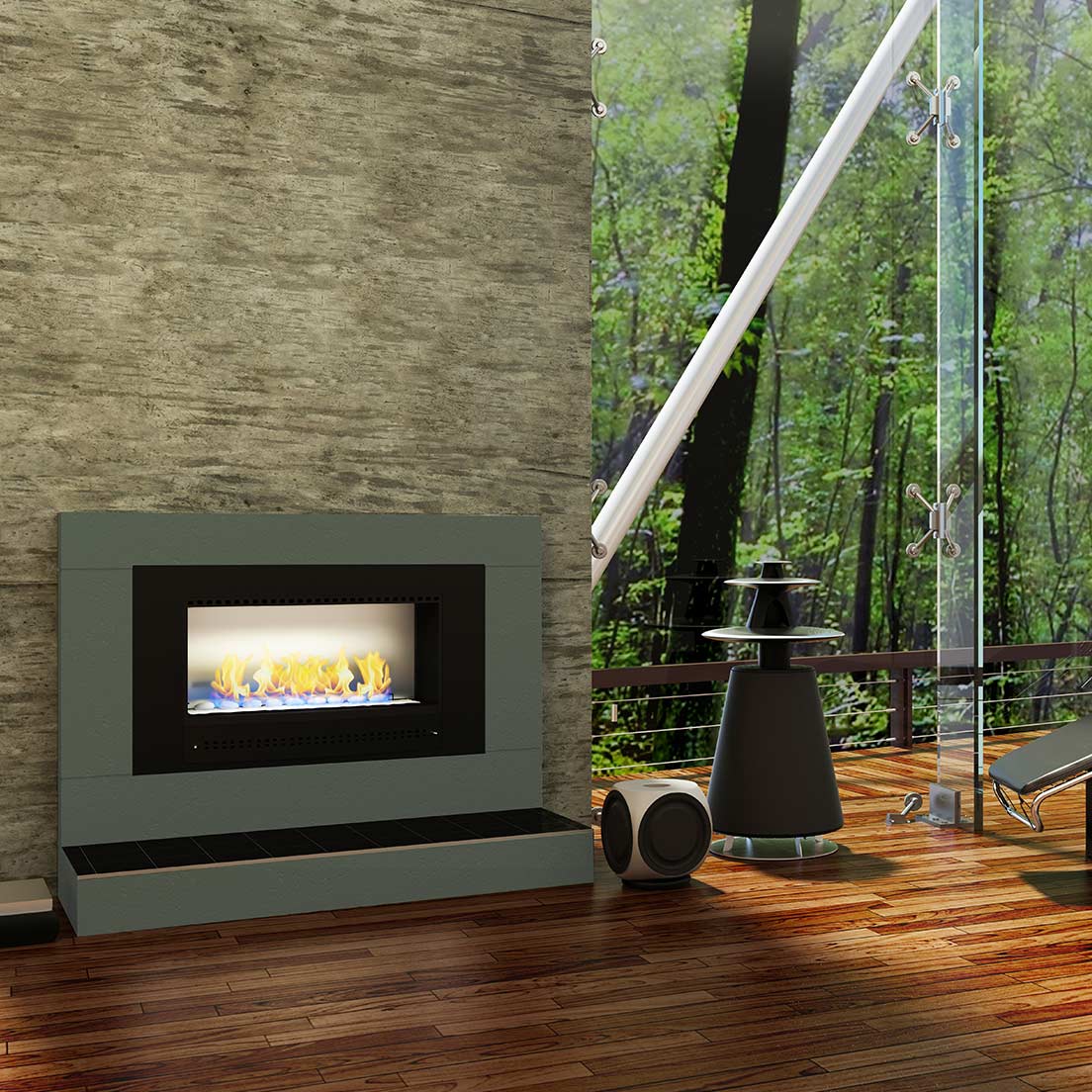Chad-O-Chef classic fireplace with black frame and stainless steel back, showcasing a modern, stylish fireplace design.