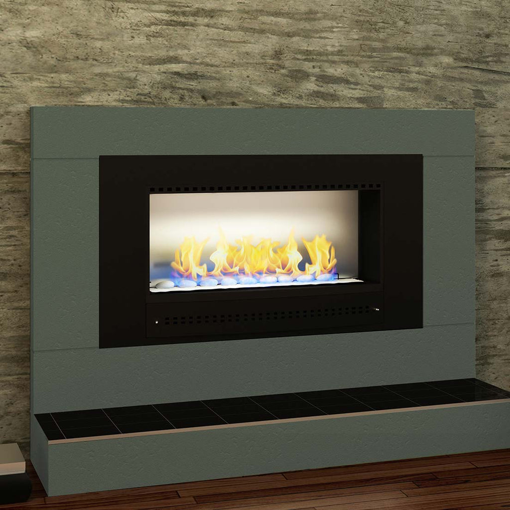 Close-up of Chad-O-Chef Classic Fireplace with black frame and stainless steel back, showcasing its sleek design and modern style.