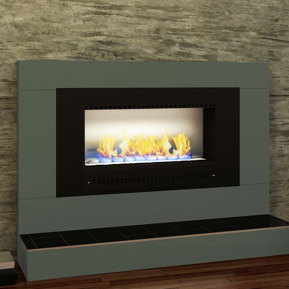 Close-up of Chad-O-Chef Classic Fireplace with black frame and stainless steel back, showcasing its sleek design and modern style.