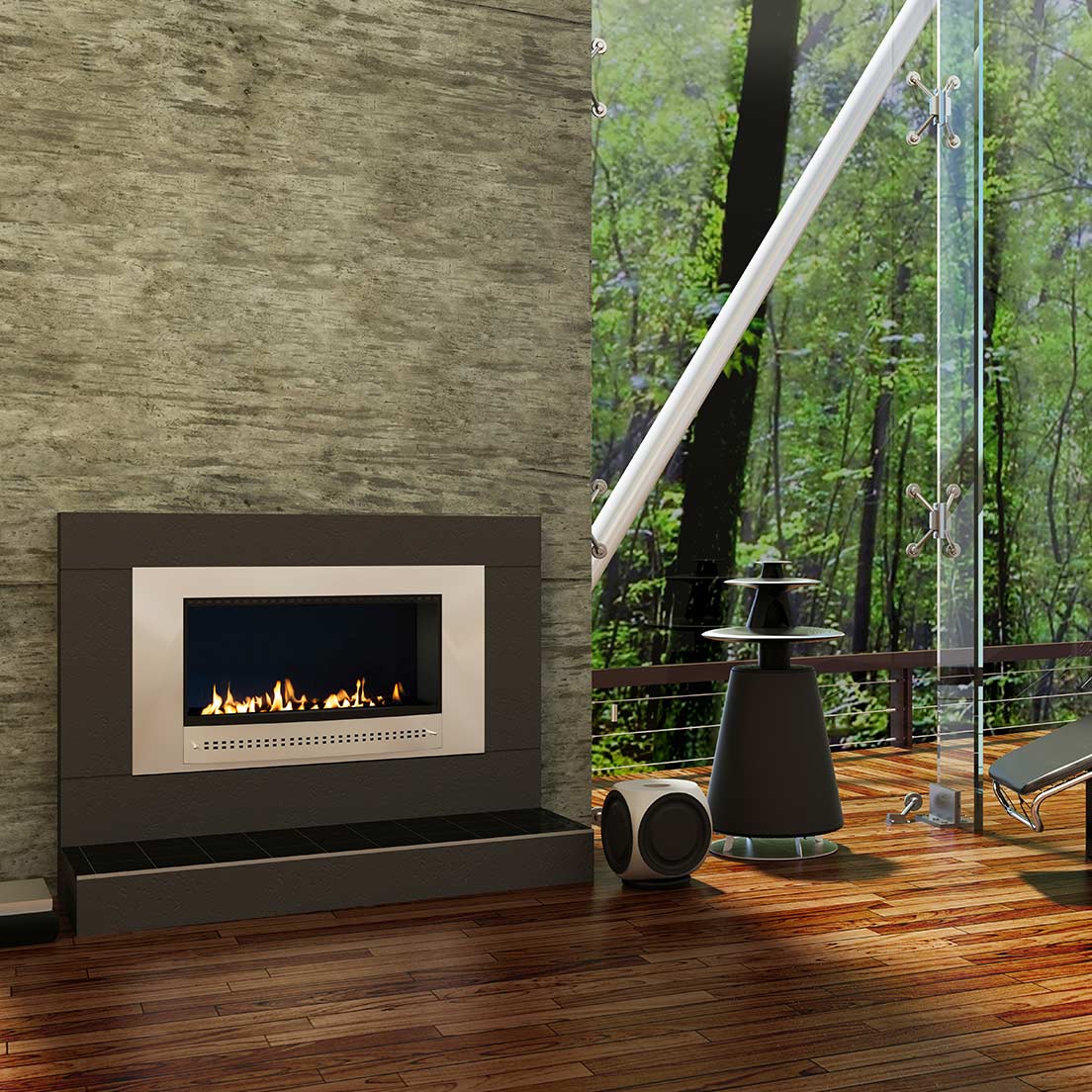 Stainless steel frame Chad-O-Chef Classic Fireplace with midnight mirror back, modern and elegant interior design feature