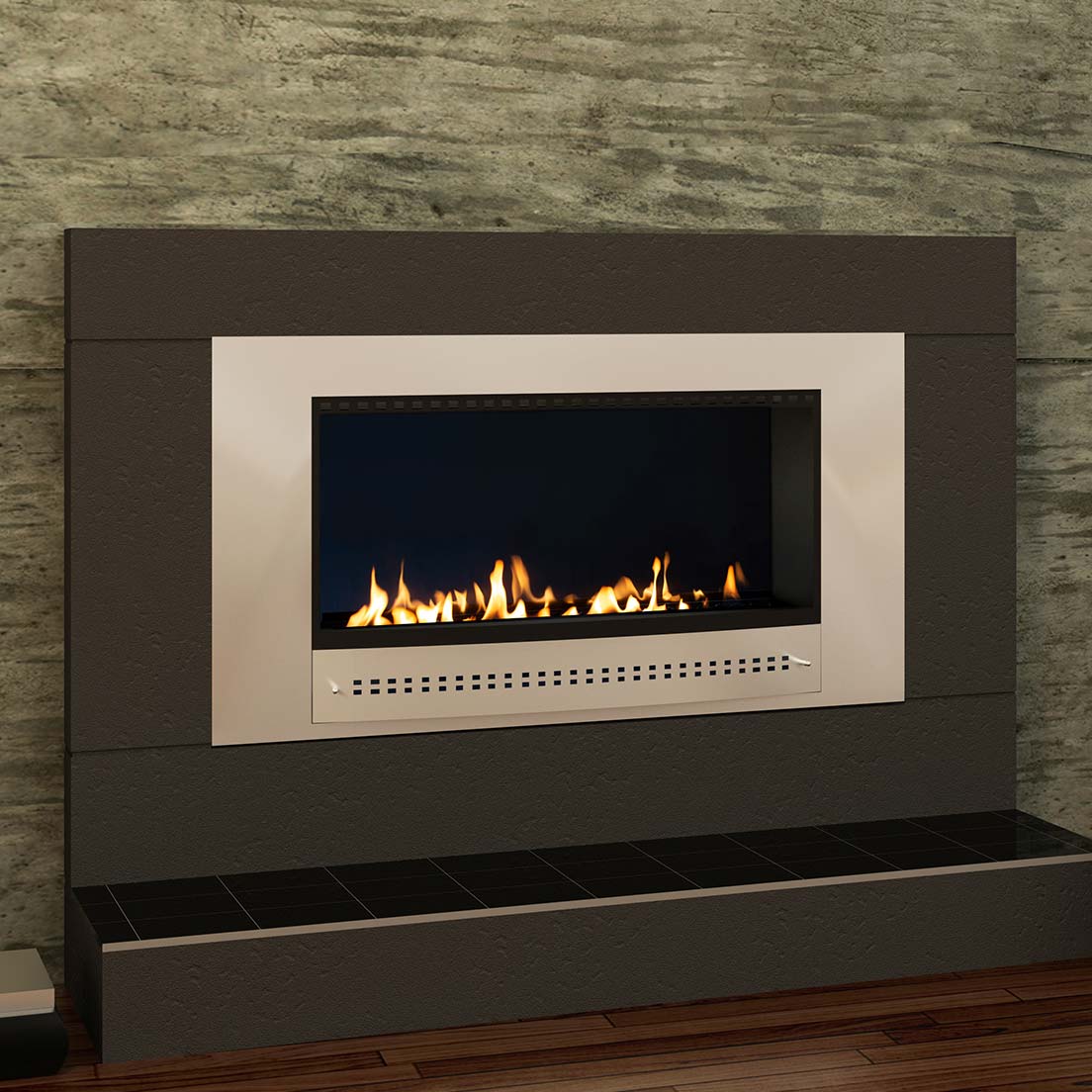 Close-up of a Chad-O-Chef Classic Fireplace with stainless steel frame and midnight mirror back in a stylish living room setting.