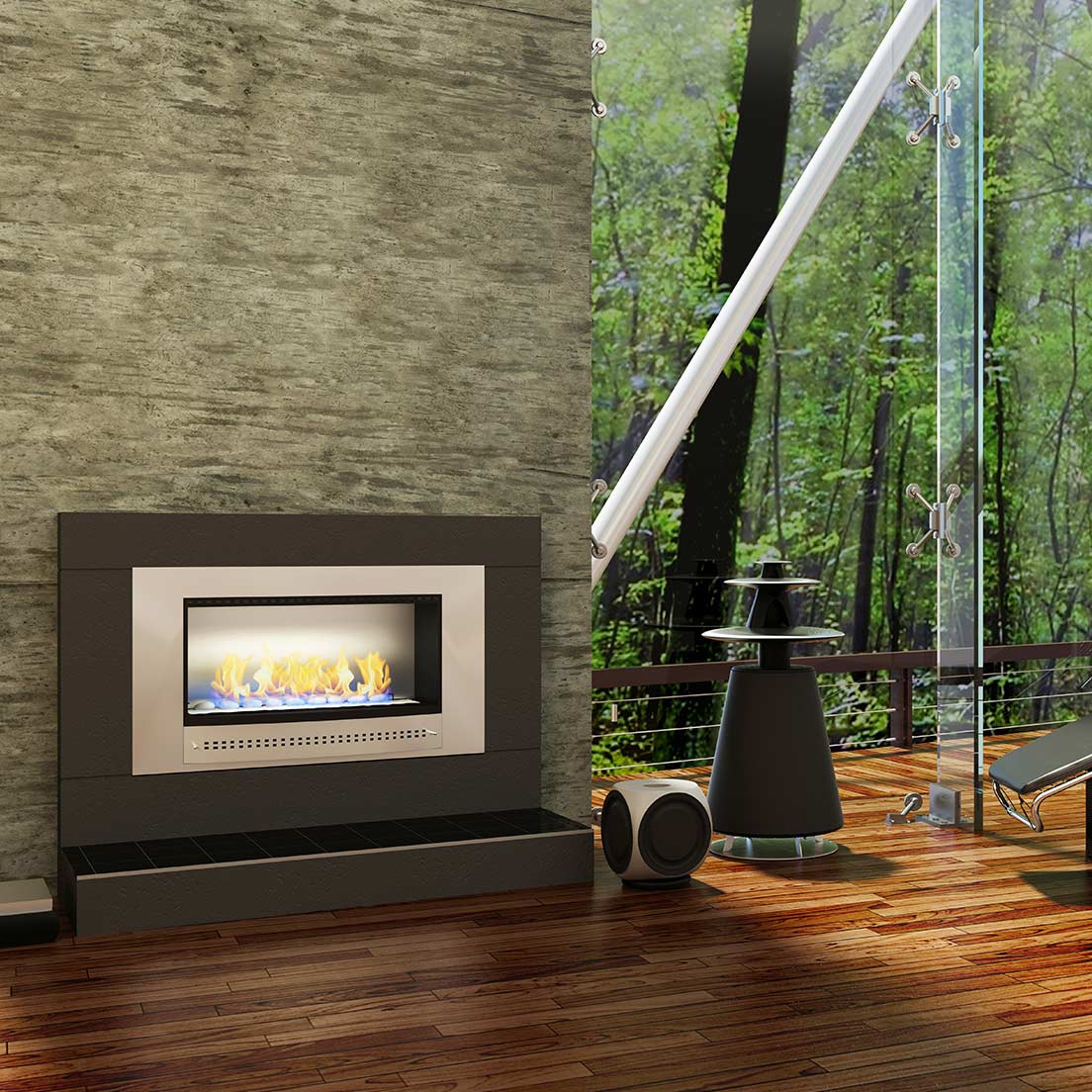 Chad-O-Chef Classic Fireplace with stainless steel frame and back, modern design for stylish home heating.