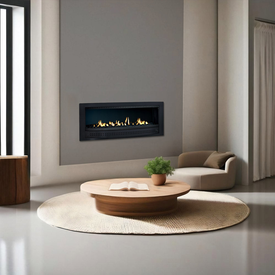 Contemporary Chad-O-Chef fireplace with black frame and modern design, featuring a sleek interior back panel.